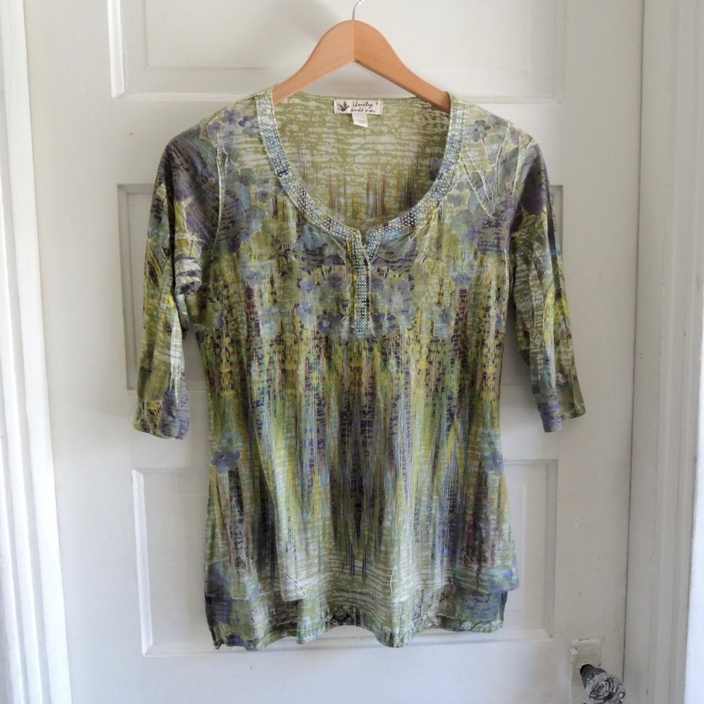 Green & Blue Embellished Burnout Top S